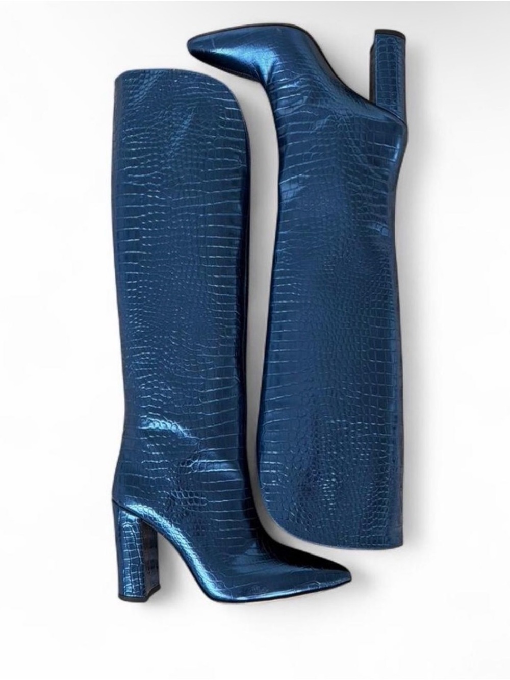 Paris Texas Metallic Navy Croc-Embossed Over-the-Knee Boots